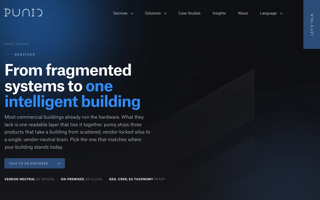 The services page on the Puniq website