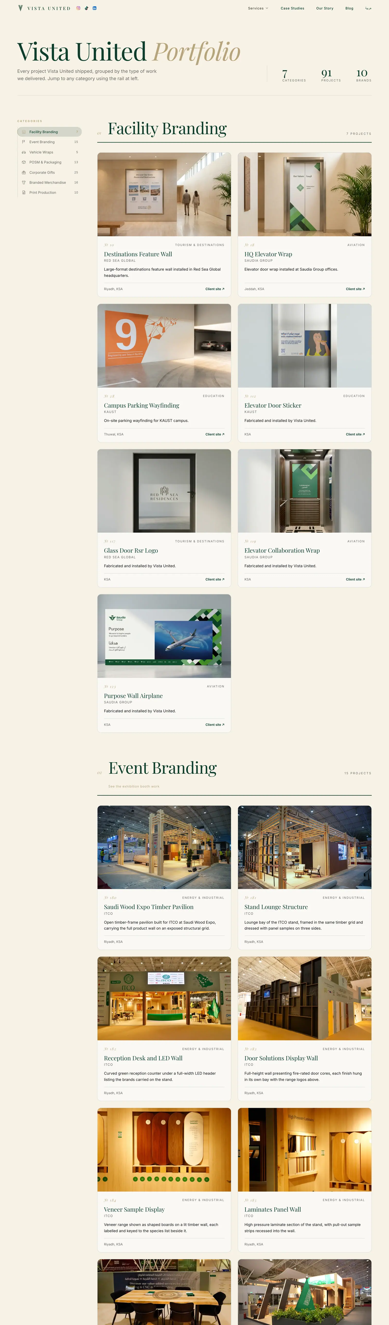 Vista United's portfolio page on desktop, with photos of their projects