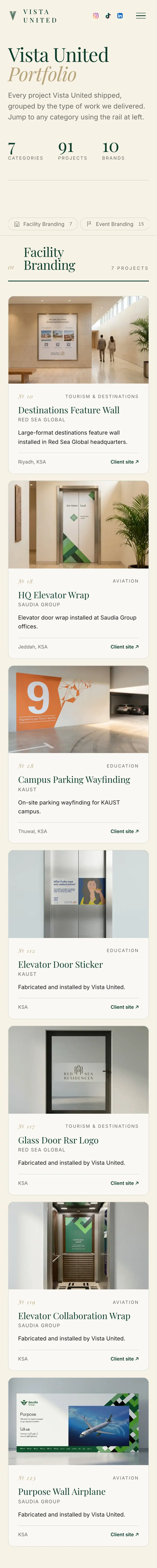 Vista United's portfolio page on mobile