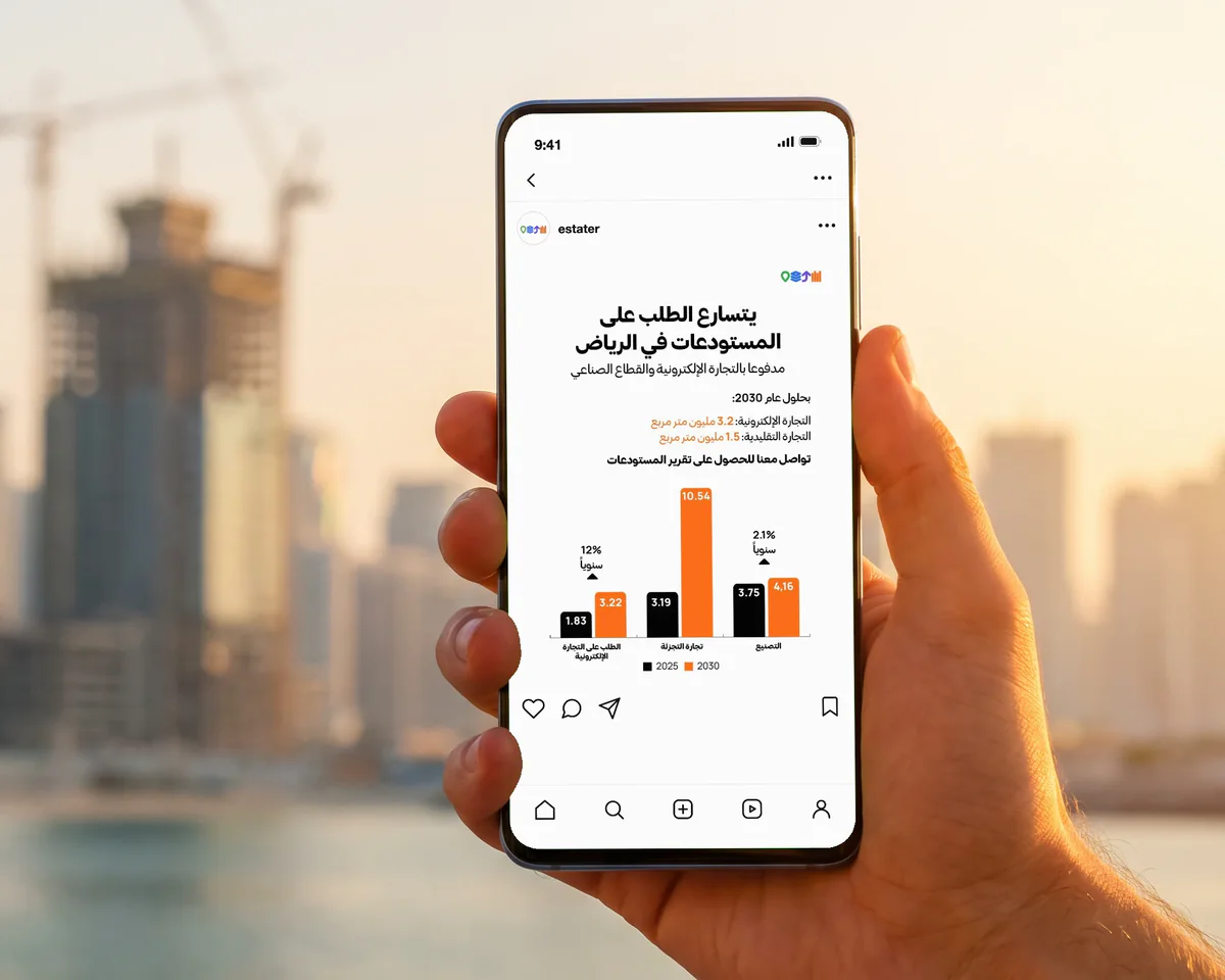 منشور استيتر عن الطلب على المستودعات في الرياض، على جوال